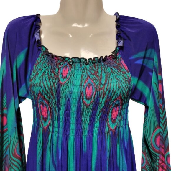 Long Sleeve Maxi Dress Peacok Motif Long Dress - One Size Fits Most- NEW ! - Picture 2 of 10